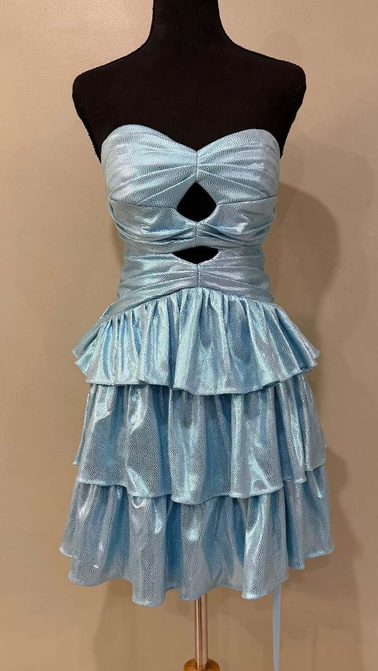 Metallic Blue Strapless Cutout Tiered Ruffle Homecoming Dress